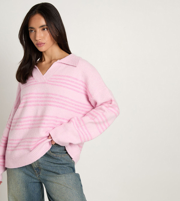 Soft Knit Striped Collared Sweater