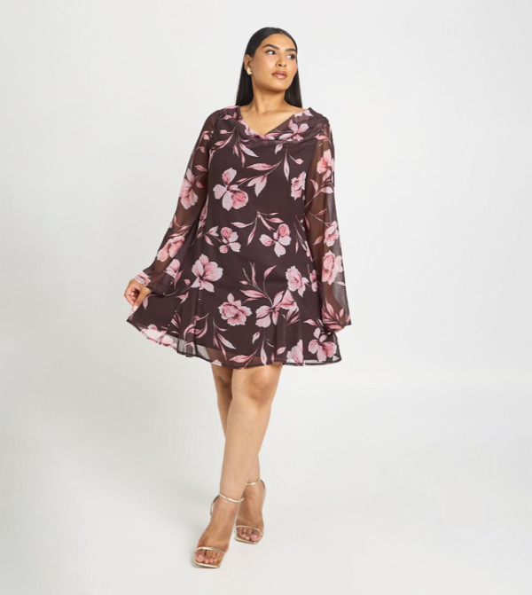 Curve Floral Long Sleeves Chiffon Mini Skater Dress