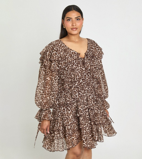 Curve Leopard Print Chiffon Ruffle Mini Dress