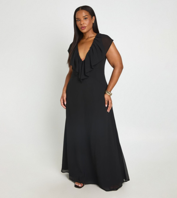Curve Chiffon Ruffle Plunge Maxi Dress