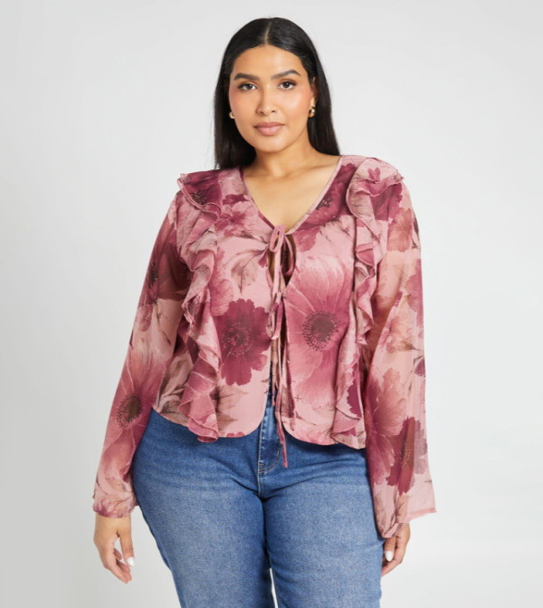 Curve Chiffon Ruffle Plunge Top