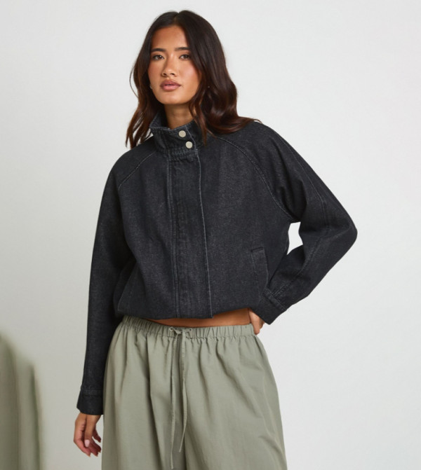 Funnel Neck Denim Bomber Jacket