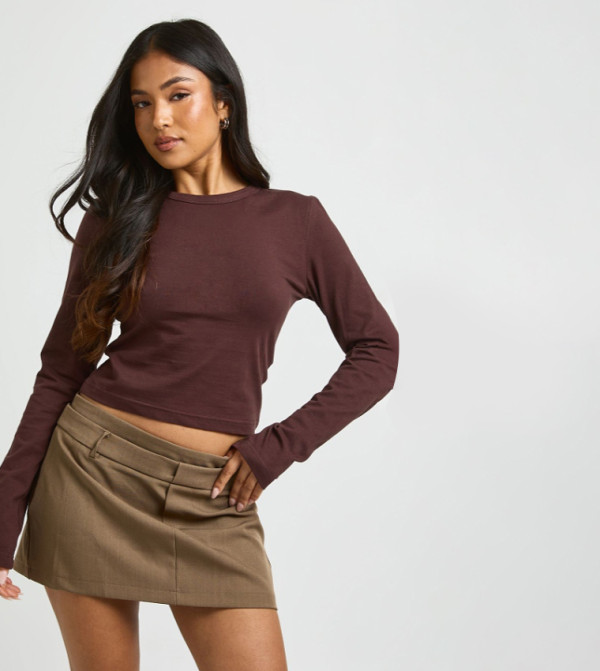 Petite Long Sleeves Fitted Crop T-Shirt