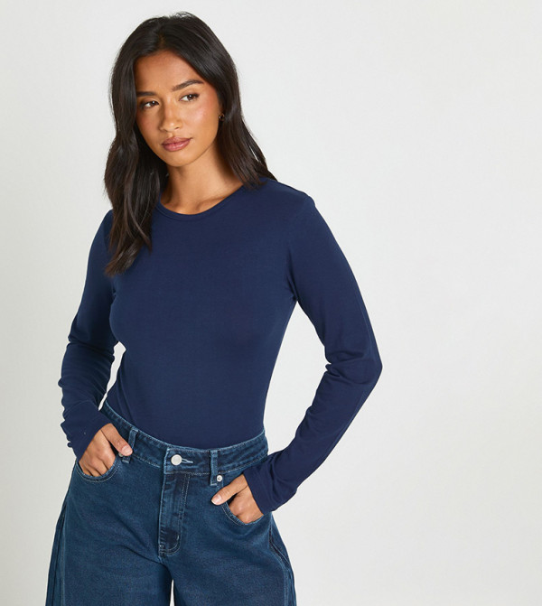 Petite Long Sleeves Crew Neck Bodysuit Top