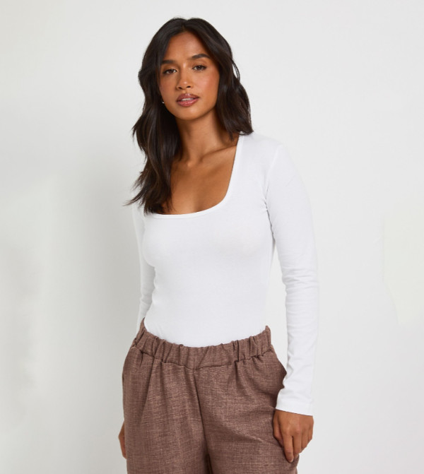 Petite Long Sleeves Square Neck Bodysuit Top