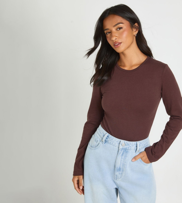 Petite Long Sleeves Crew Neck Bodysuit Top