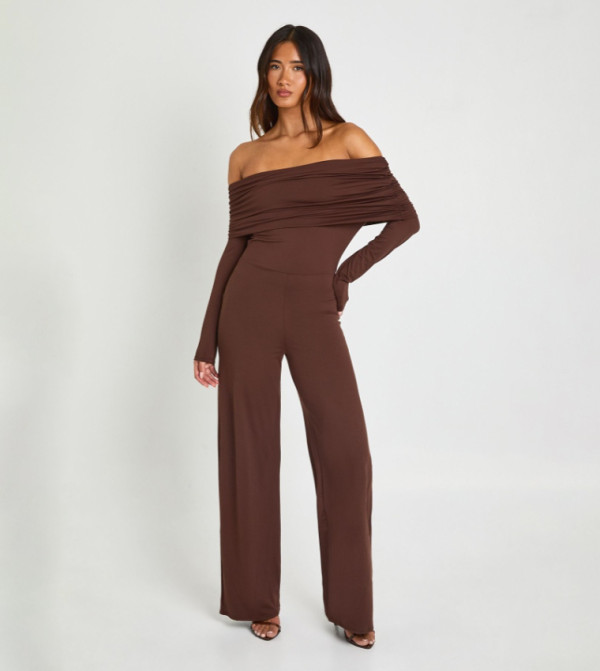 Asymmetric Bardot Long Sleeves Wide Leg Jumpsuit