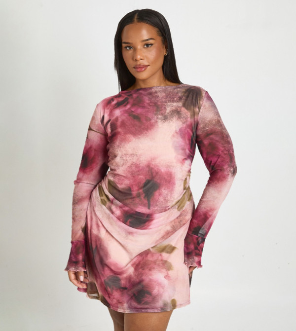 Curve Floral Ruched Mini Shift Dress