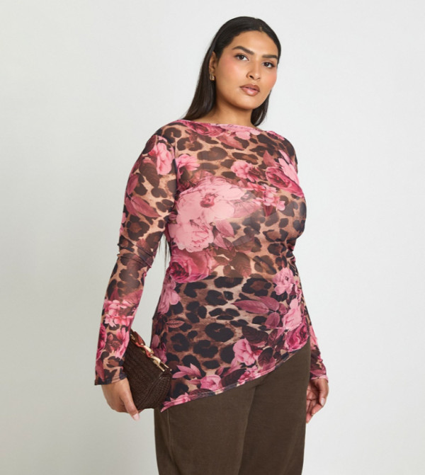 Curve Leopard Floral Mesh Asymmetric Top