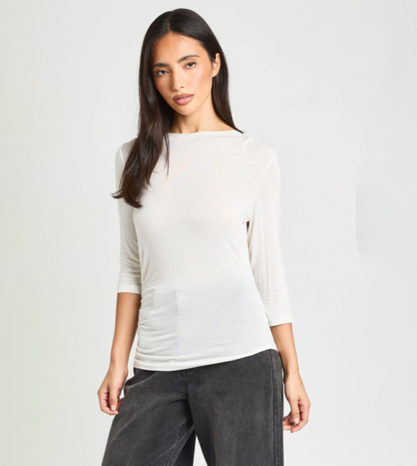 Sheer Knit Ruched 3/4 Sleeves Top