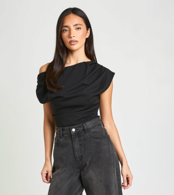 Crepe Asymmetric Neck Drape Bodysuit Top