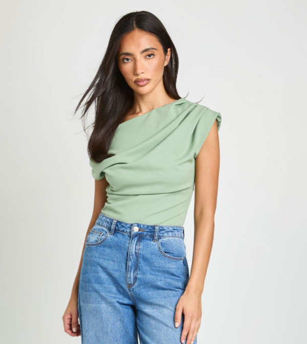 Crepe Asymmetric Neck Drape Bodysuit Top