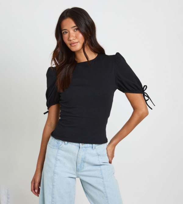 Solid Cotton Puff Sleeves Top