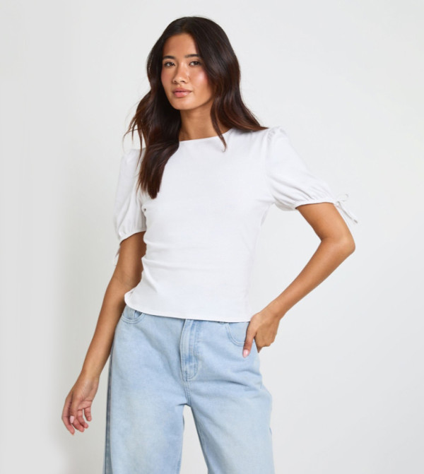 Solid Cotton Puff Sleeves Top