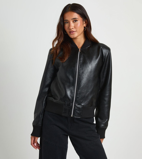 Pebbled Faux Leather Shoulder Pad Bomber Jacket