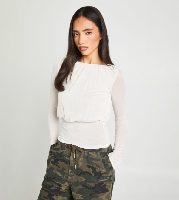 Sheer Knit Ruched Blouson Deep Hem Top