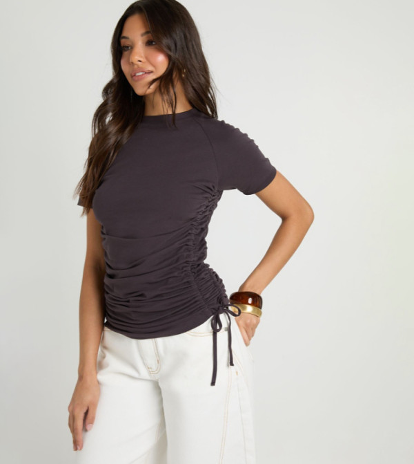 Ruched Tie Side Short Sleeves Top