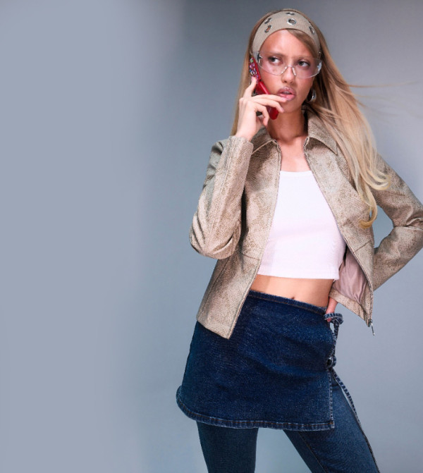 Faux Leather Snake Cinched Waist Fitted Jacket