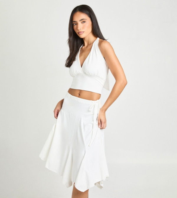 Seam Detail Tie Waist Hanky Hem Midi Skirt