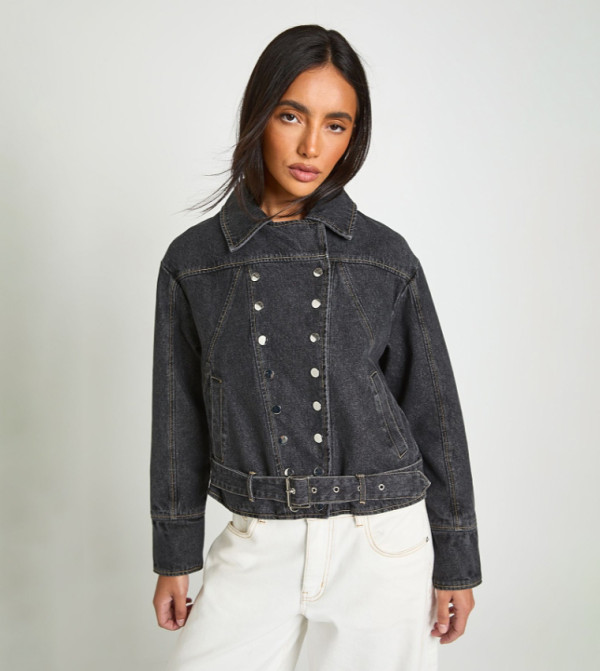 Button Detail Military Denim Bomber Jacket
