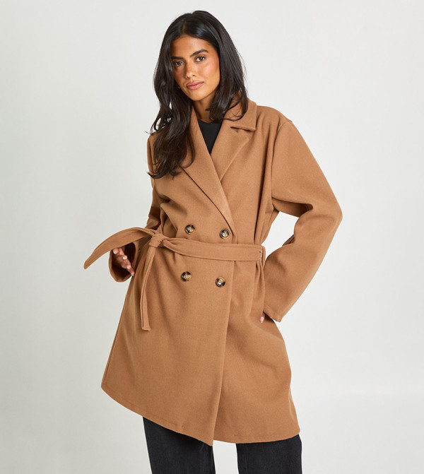 Belted Double Breasted Wool Look Coat