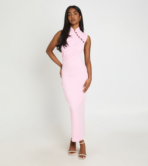 Ruched Sleeveless Asym Button Up Midi Dress