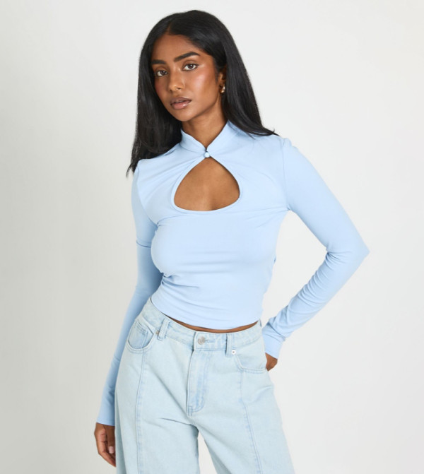 Solid Long Sleeves Keyhole Neck Top
