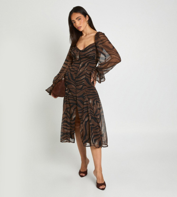 Textured Chiffon Tonal Zebra Godet Hem Midi Dress