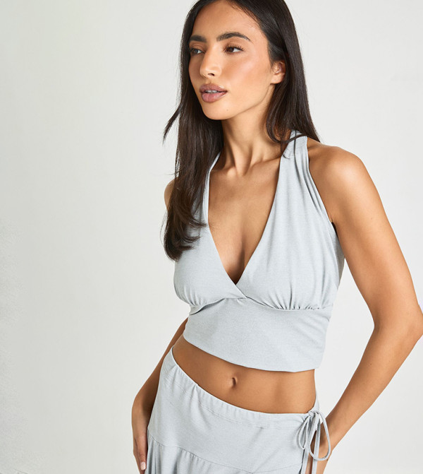 Wrap Front Cinched Waist Halterneck Crop Top