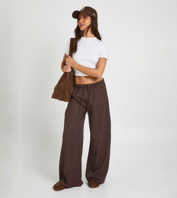 Petite Drawstring Pinstripe Wide Leg Pants
