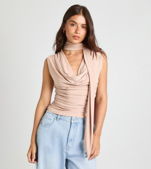 Ruched Cowl Neck Scarf Detail Top