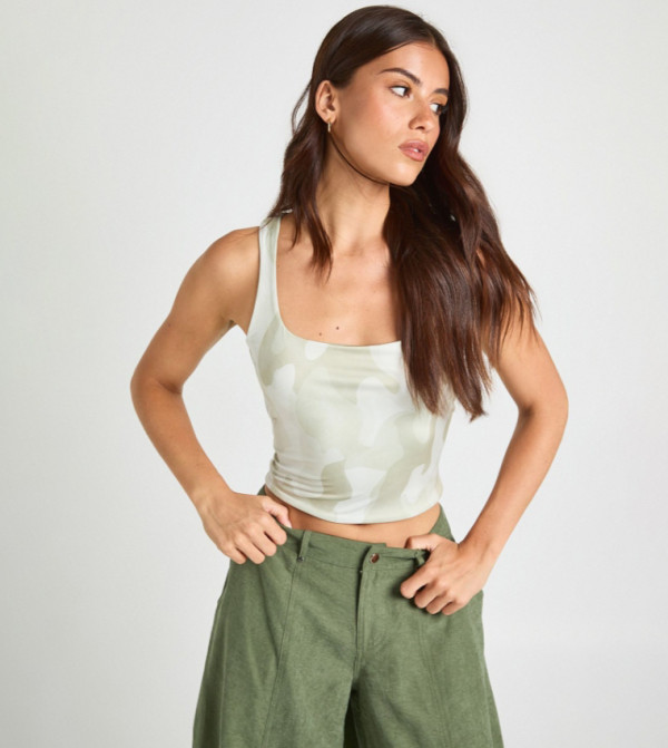 Double Layer Slinky Camo Print Square Neck Cami Top