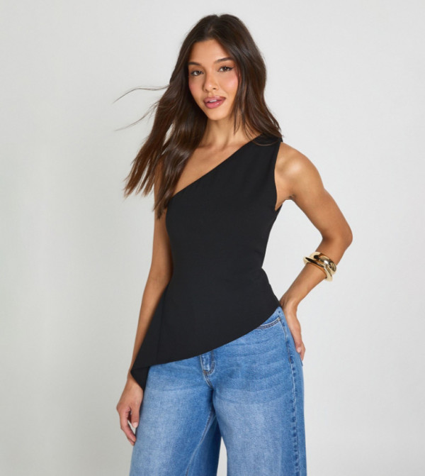 Scuba Crepe One Shoulder Asymmetric Hem Top