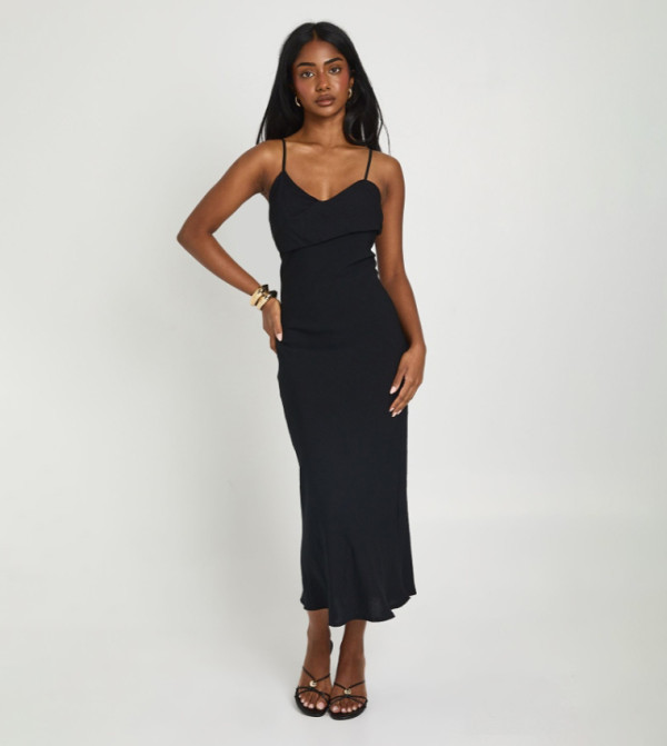 Textured Woven Fold Over Slip Midi Dress