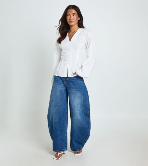 Cotton Poplin Button Detail Top