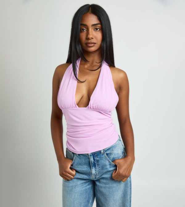 Textured Plunge Halterneck Top