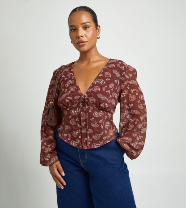Curve Paisley Patterned Tie Front Top