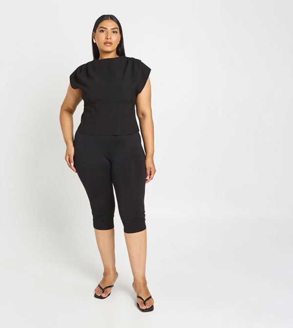 Curve Woven Corset Waist Shoulder Pad Top