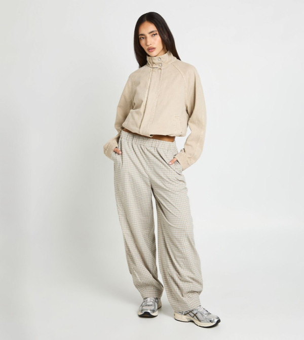 Check Elastic Waist Barrel Leg Trousers