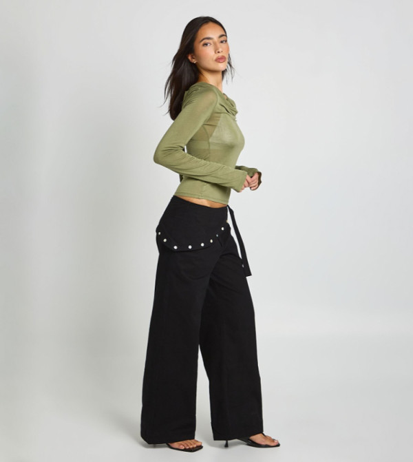 Pearl Button Tie Waist Twill Trousers