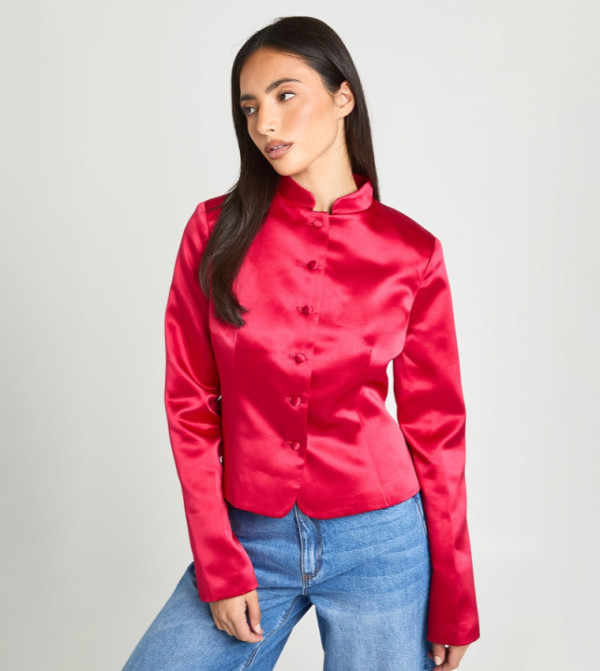 Structured Satin Button Down Peplum Jacket