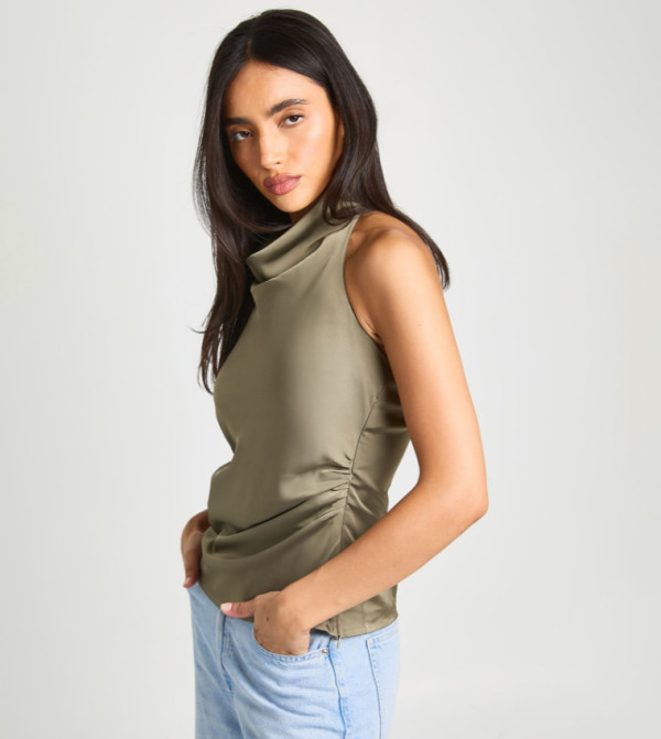 Satin High Cowl Neck Sleeveless Top