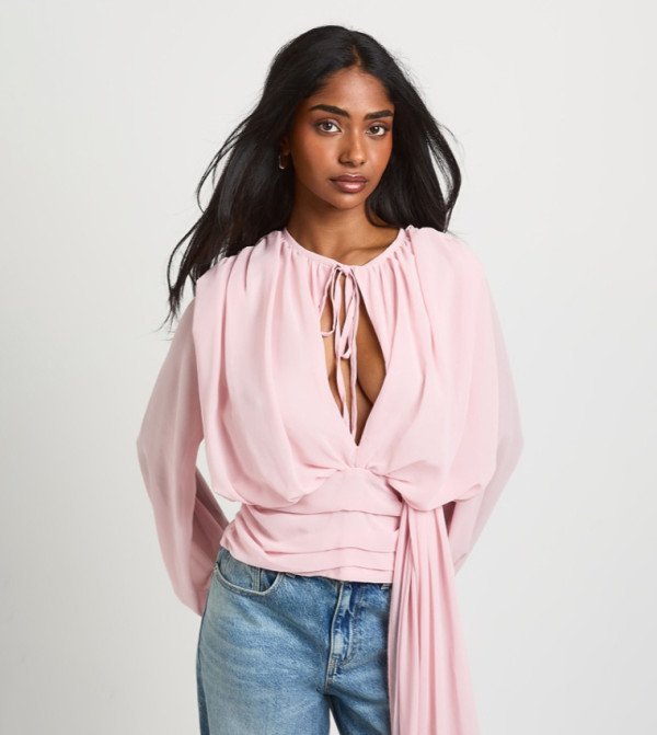 Draped Chiffon Plunge Long Sleeves Top