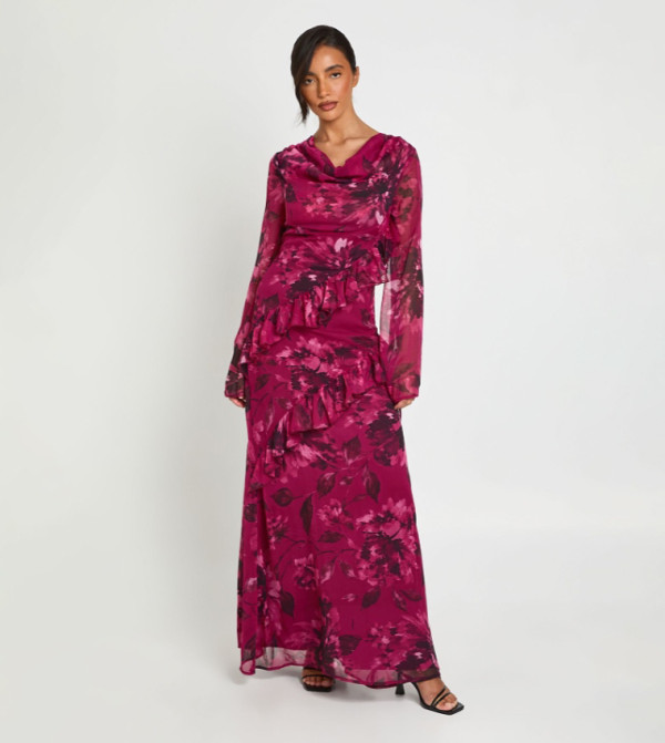 Chiffon Cowl Neck Floral Ruffle Detail Maxi Dress