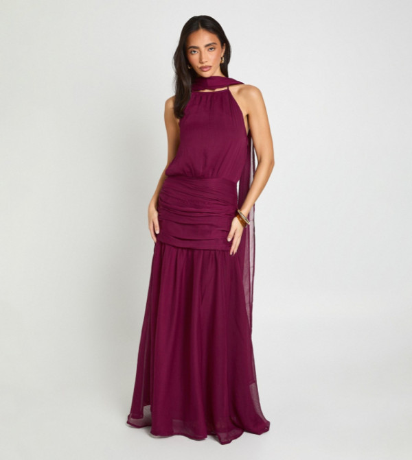 Chiffon Ruched Full Skirt Maxi Dress