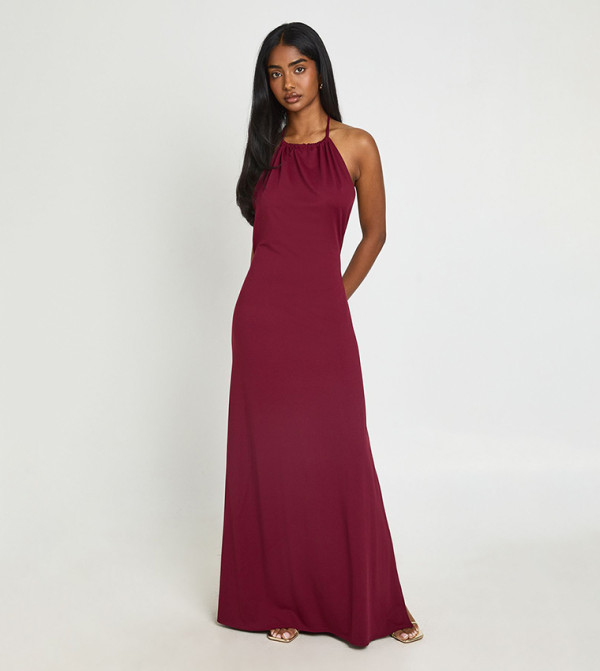Ruched Halterneck Low Back Super Soft Maxi Dress