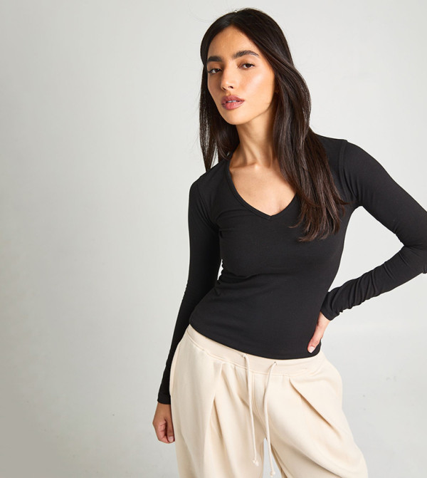 Deep V-Neck Long Sleeves Fitted Top