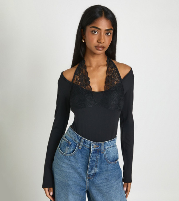 Matte Slinky Long Sleeves Lace Trim Bodysuit Top