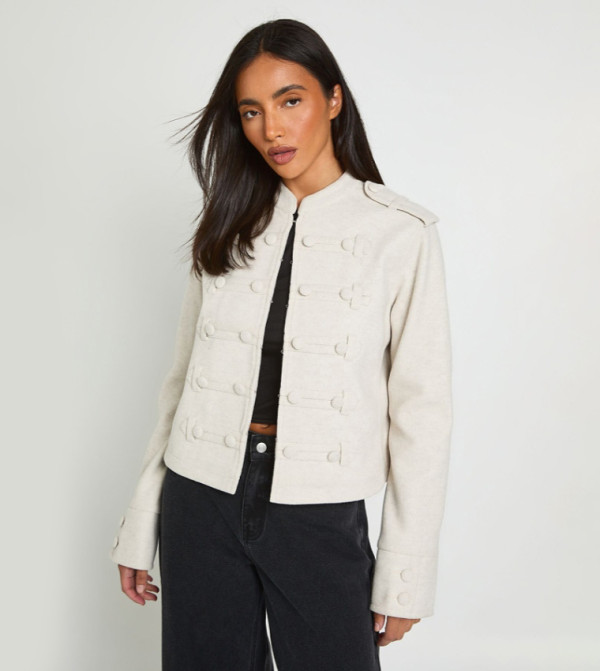 Military Button Detail Wool Look Jacket