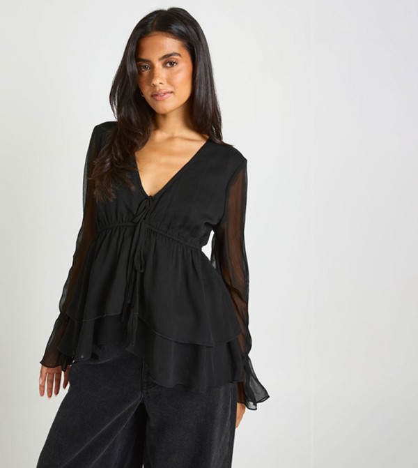 Ruffled V-Neck Flared Sleeves Top